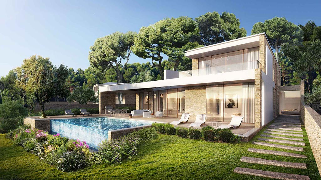 A house with a pool and trees.