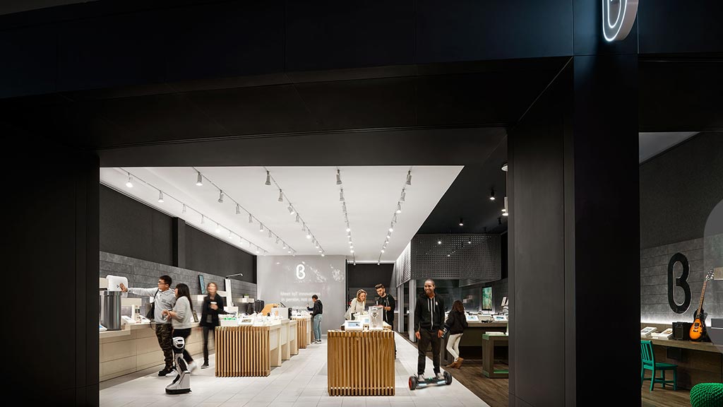 A group of people in a building.