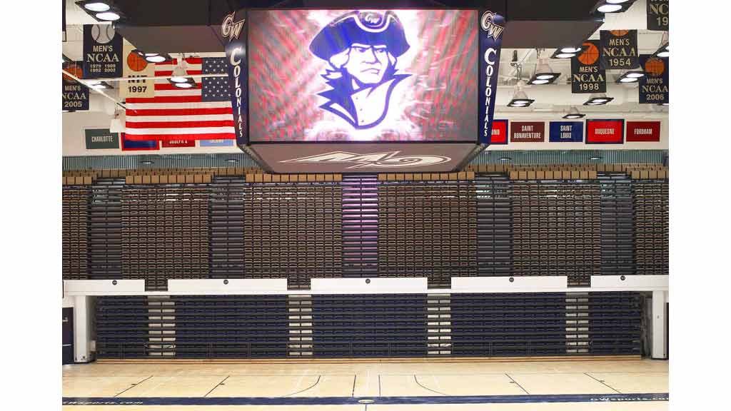 A large screen in a stadium.