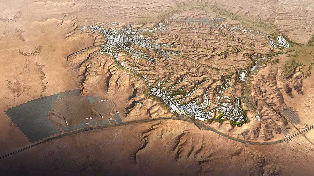 A bird's eye view of a river and a city.