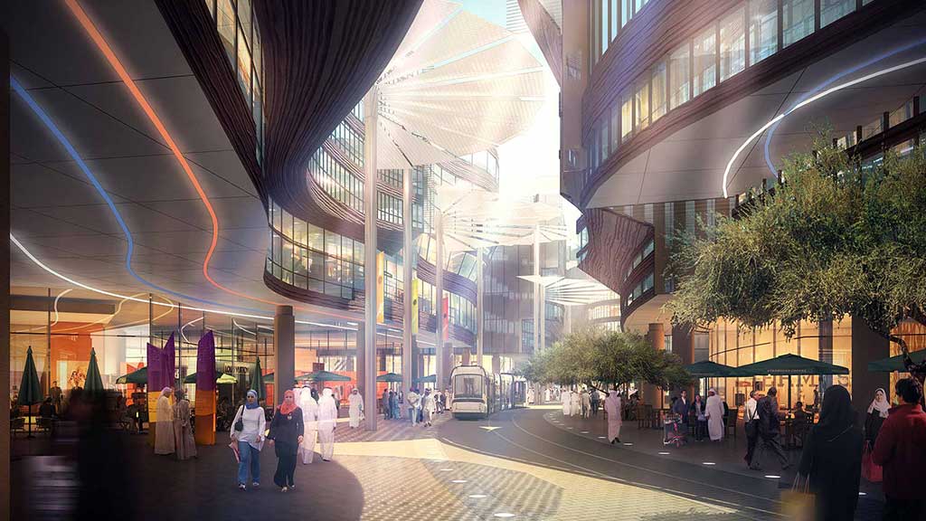 A street with people and buildings.