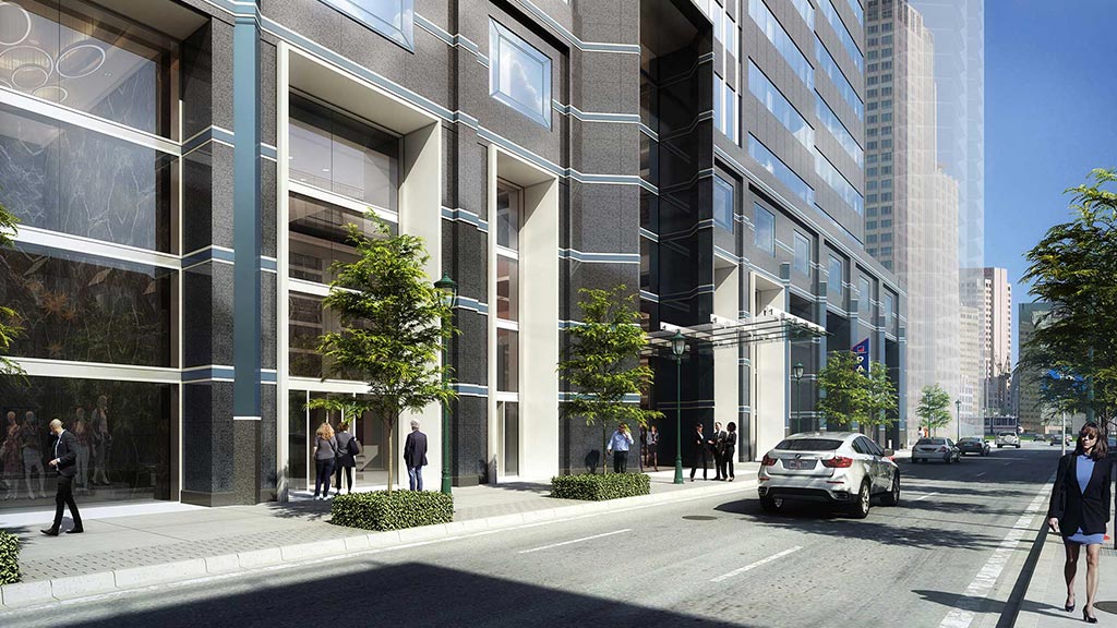 A street with cars and people on it next to a building.