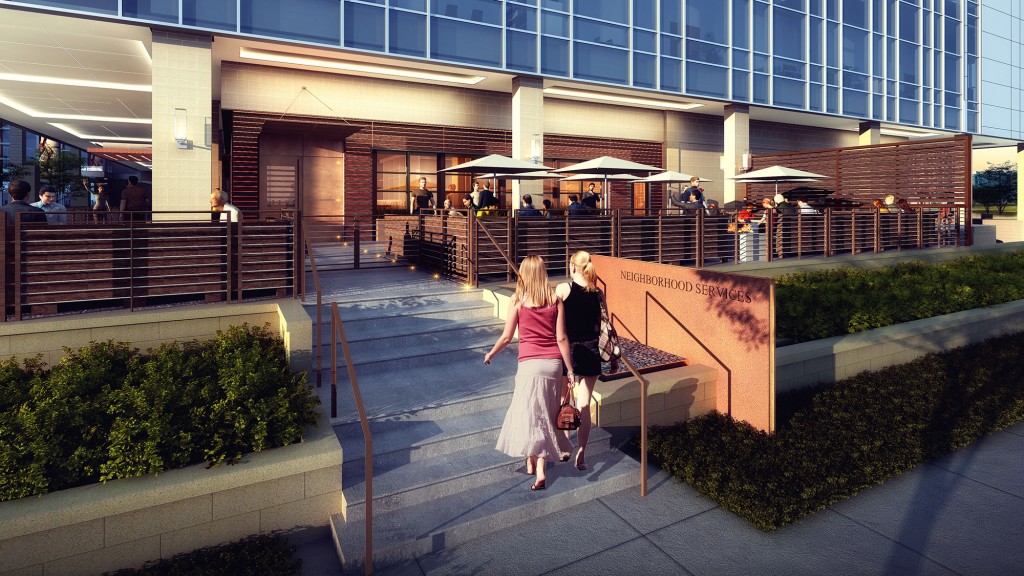 A couple of women walking up stairs.