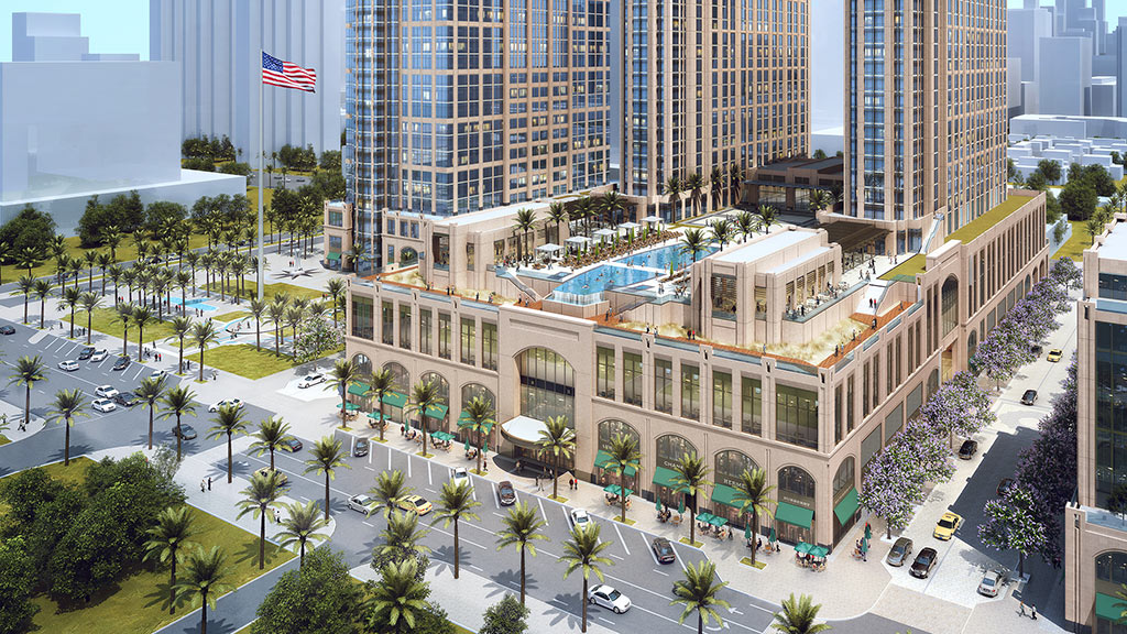 A large building with a flag on top.