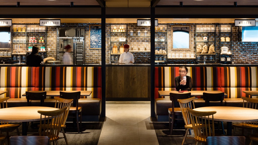 A person standing in a restaurant.