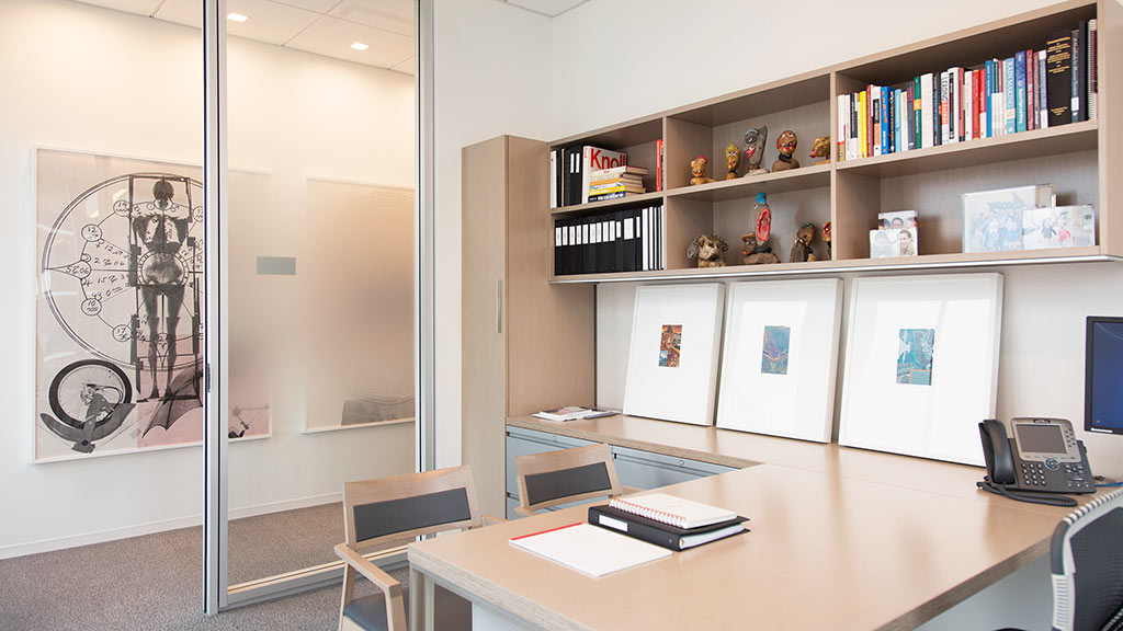 A desk with a computer and a bookcase.