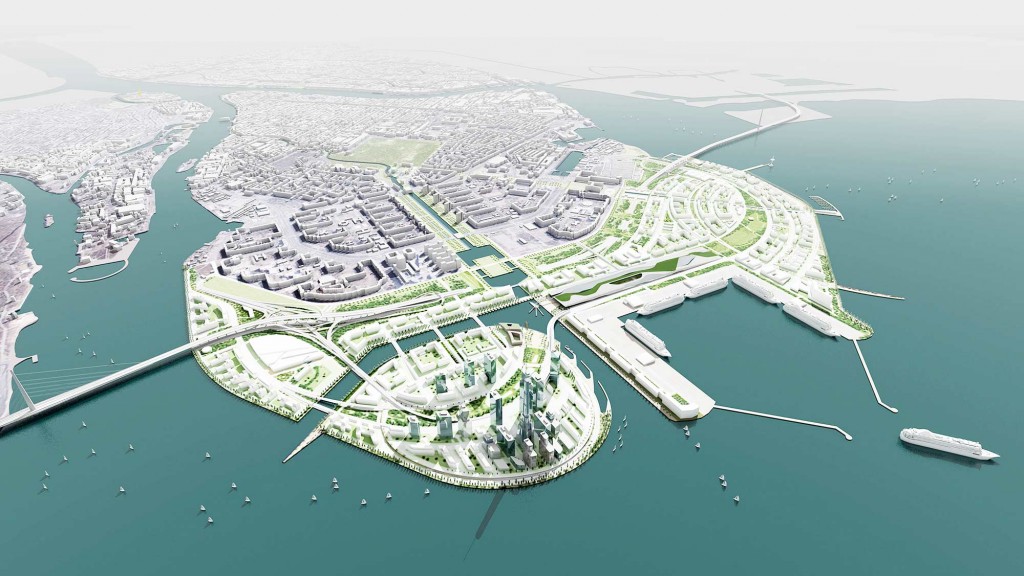 An aerial view of a city.