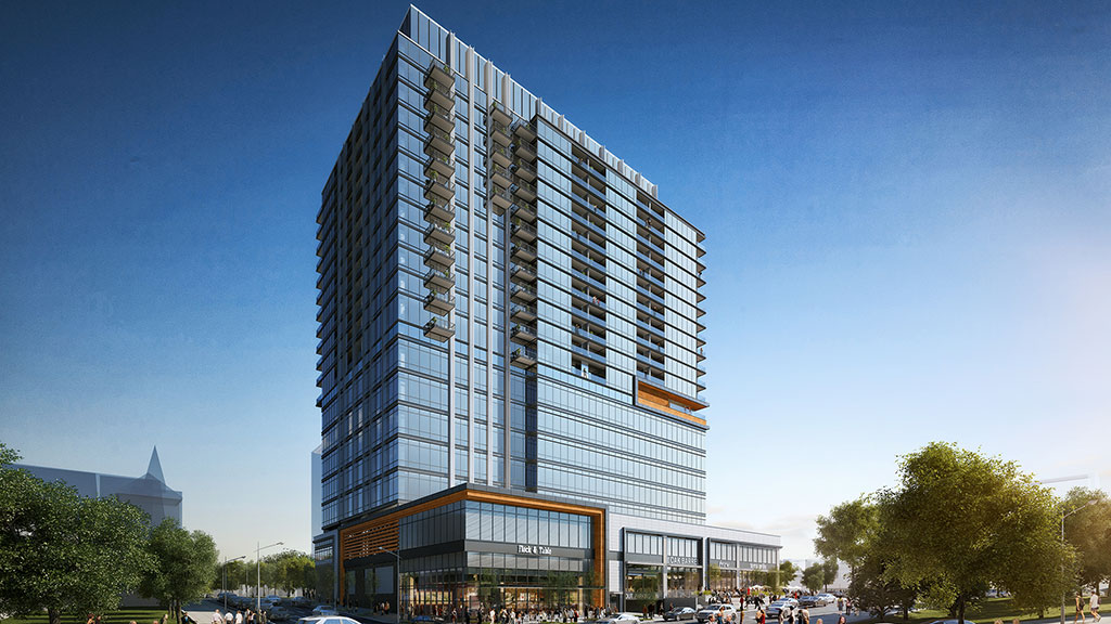 A tall glass building.