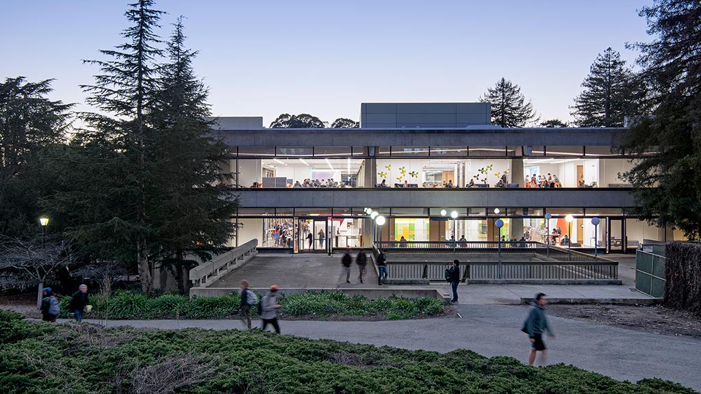 A building with a glass front.