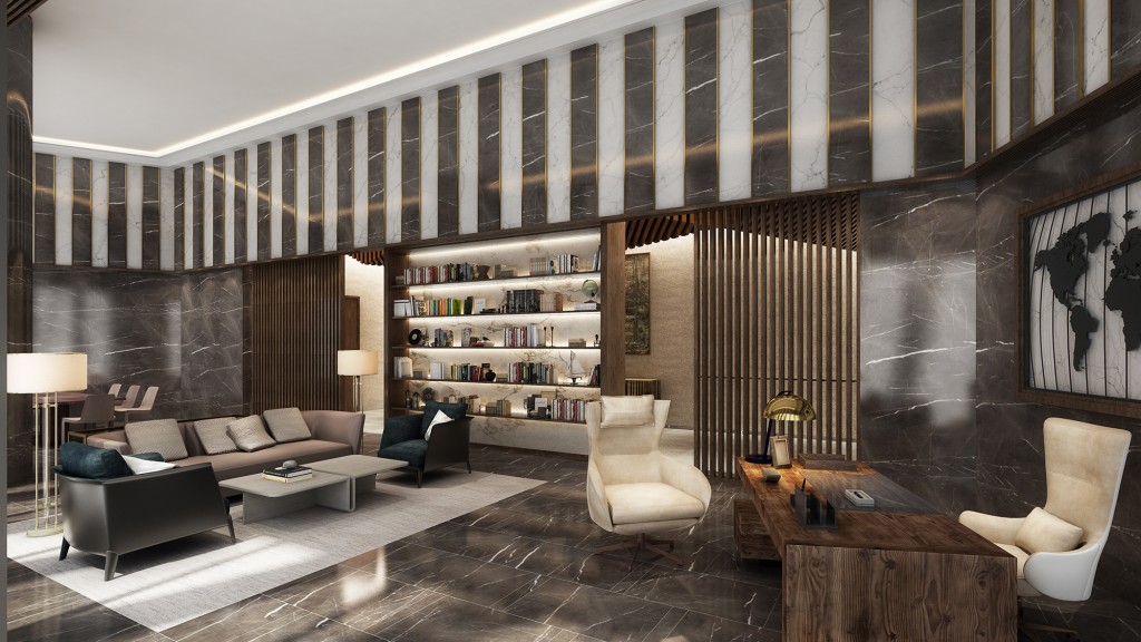 A living room with a large bookcase and a couch.