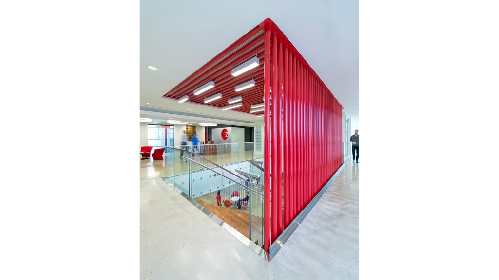 A red and white building.