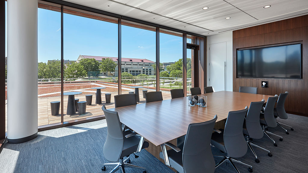 A conference room with a large window.