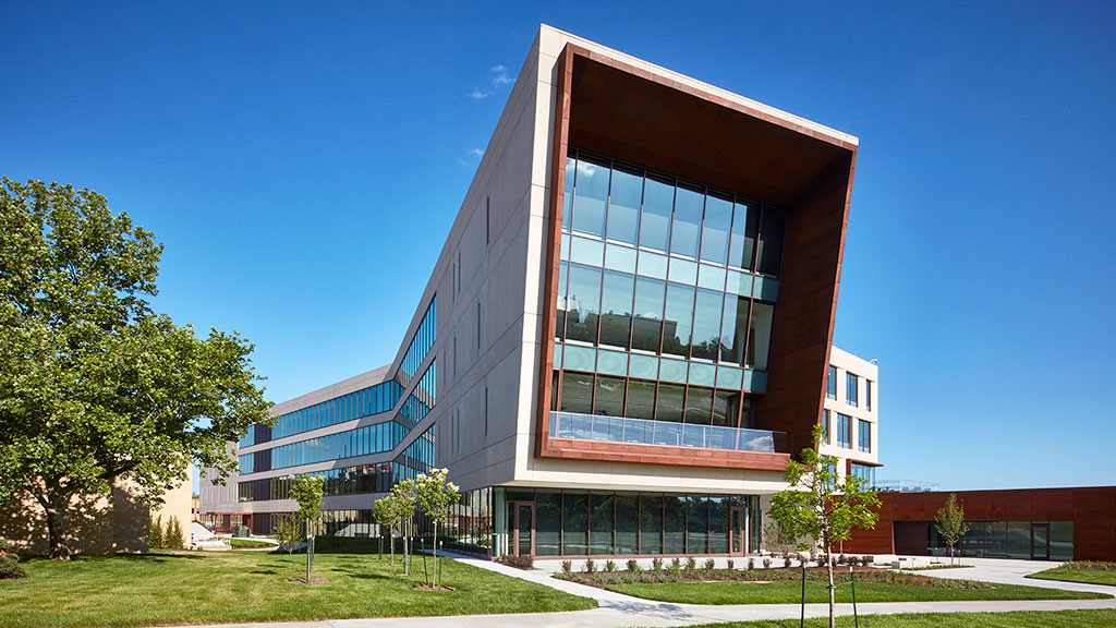 A modern building with glass windows.