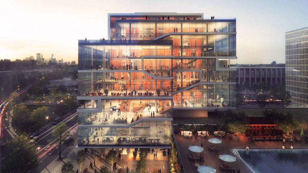 A building with a glass front.