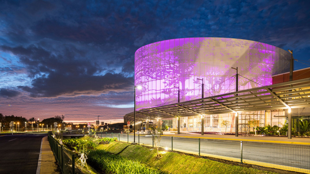 A building with a glass front.