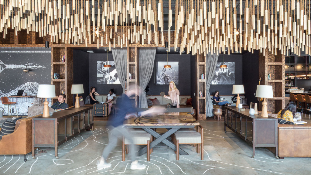 A room with tables and chairs.