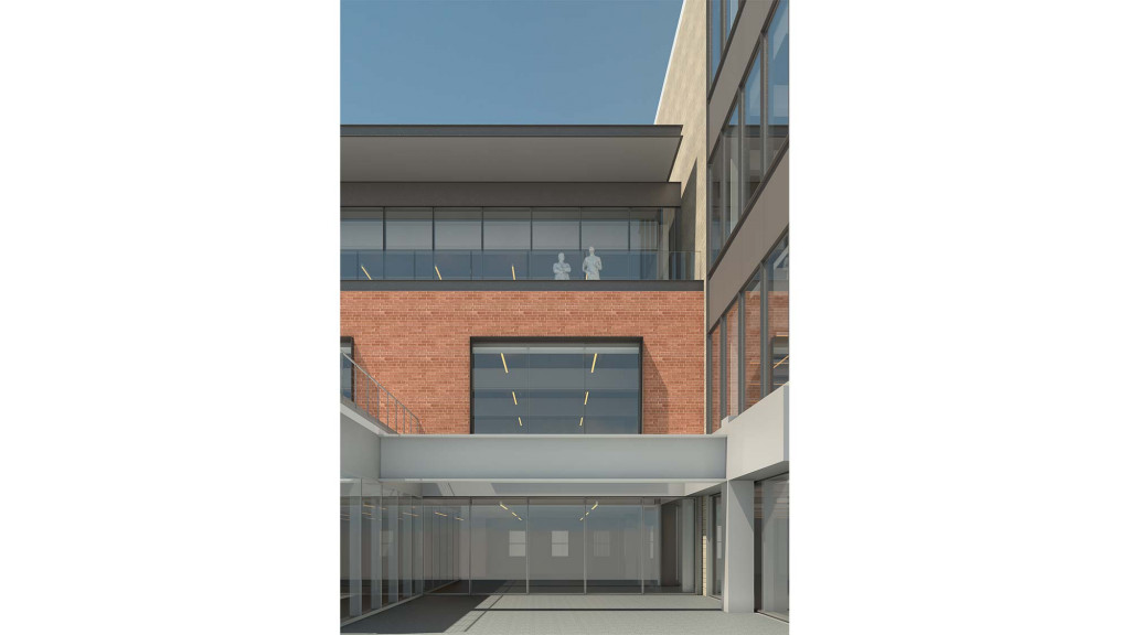 A building with a glass front.