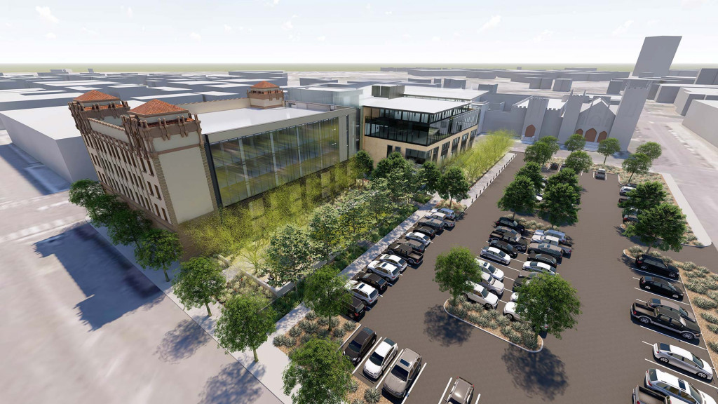 A building with a parking lot.