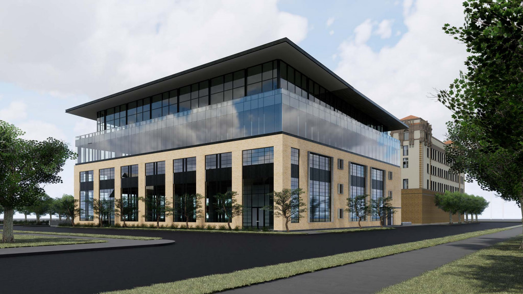 A building with a glass front.