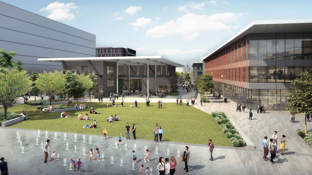 A group of people in a courtyard.