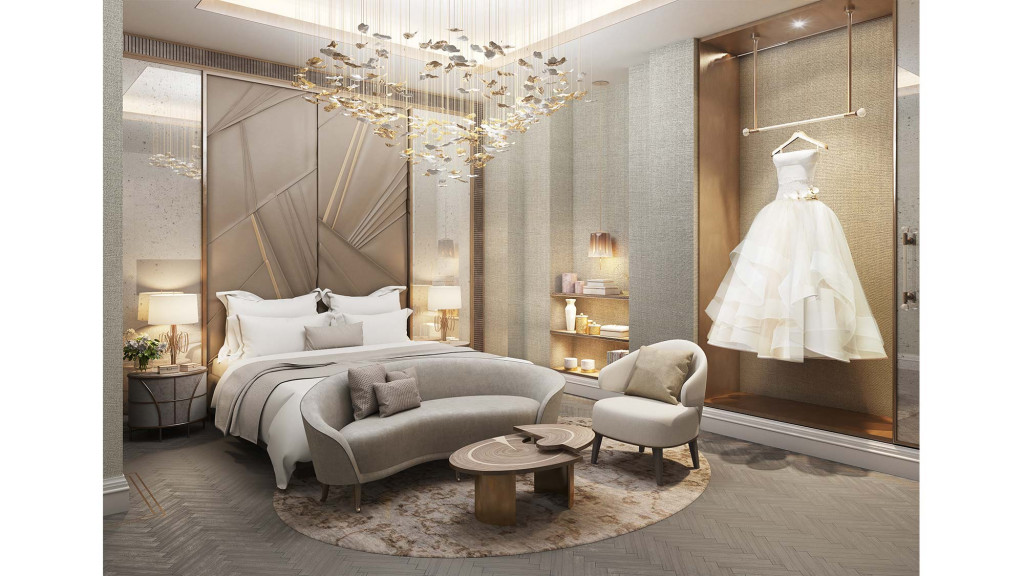 A bedroom with a bed and a mirror.
