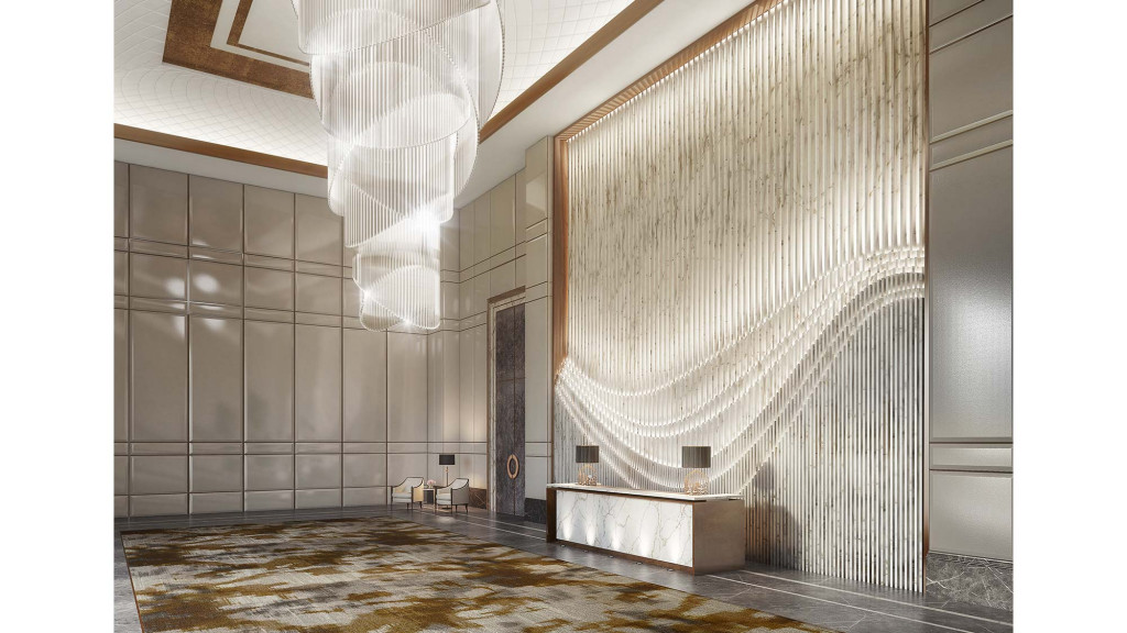 A room with a bench and a wall with a design on it.