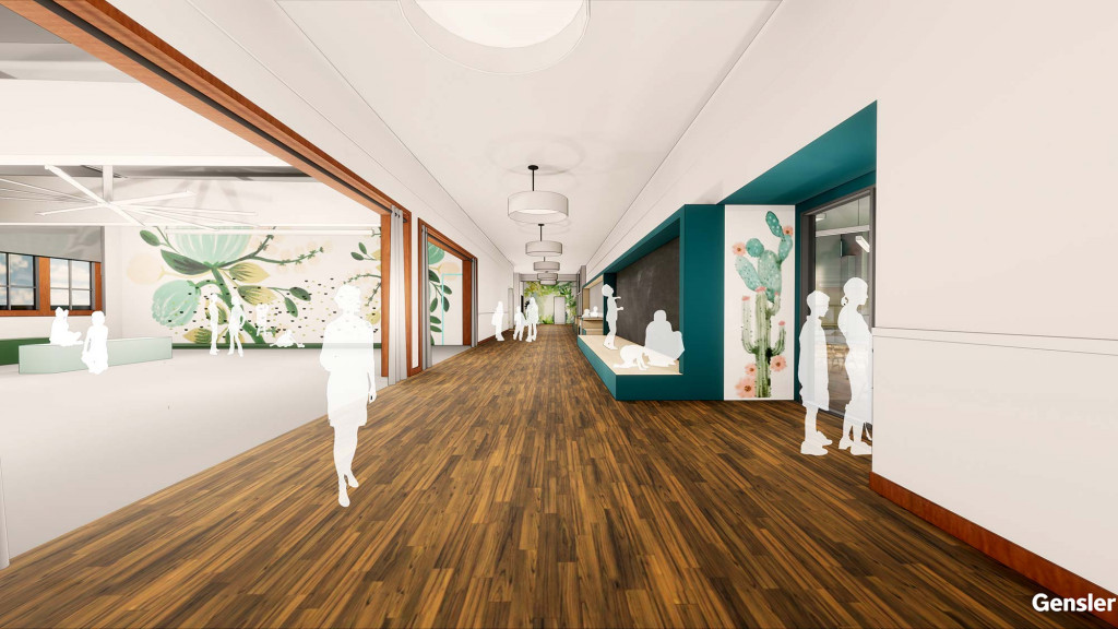 A room with a wood floor and a wood floor with art on the wall.