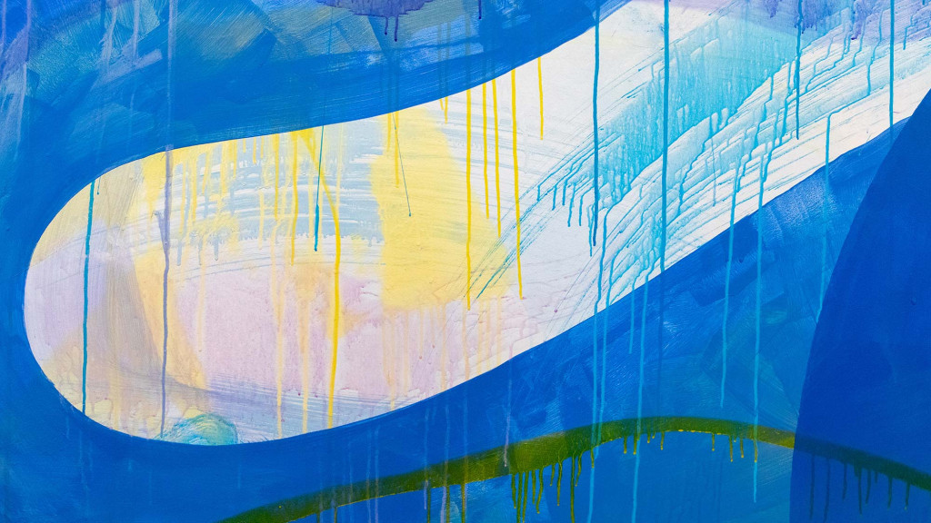A blue and yellow water fountain.