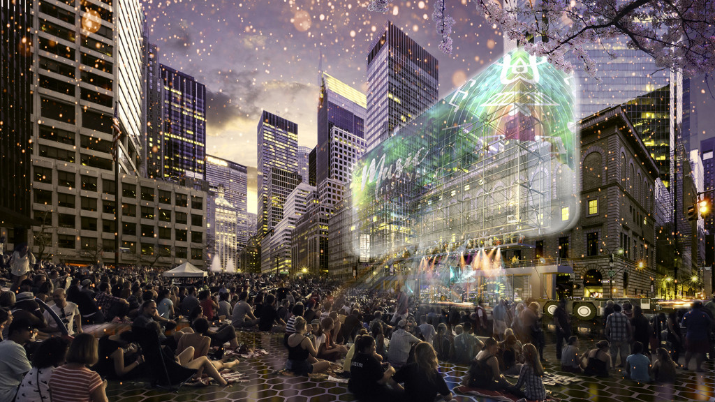 A crowd of people in a city.