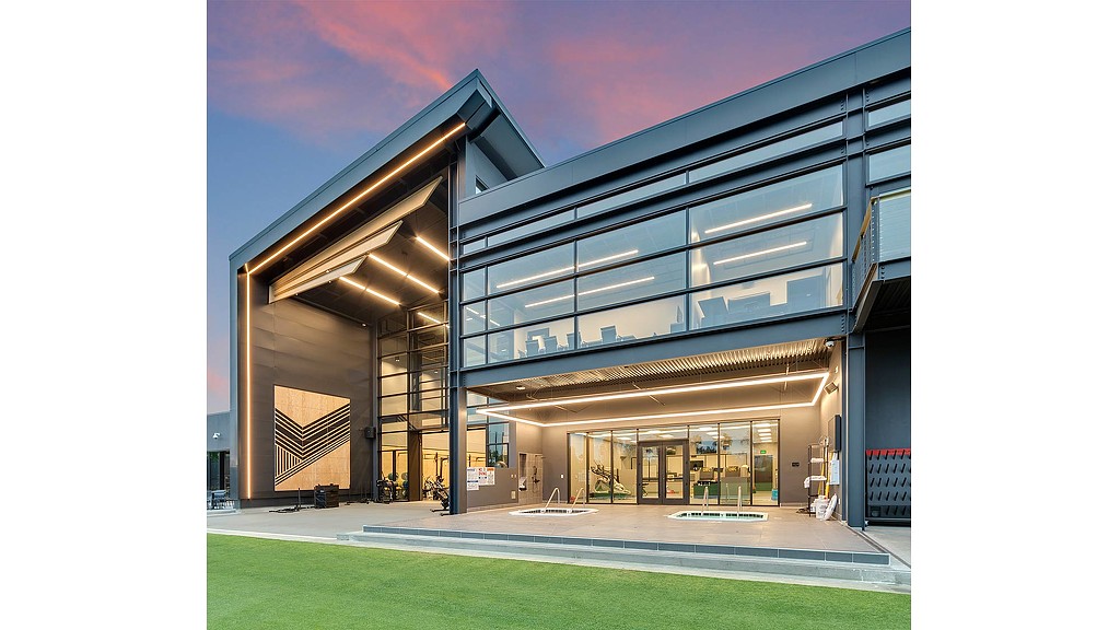 A building with a lawn.