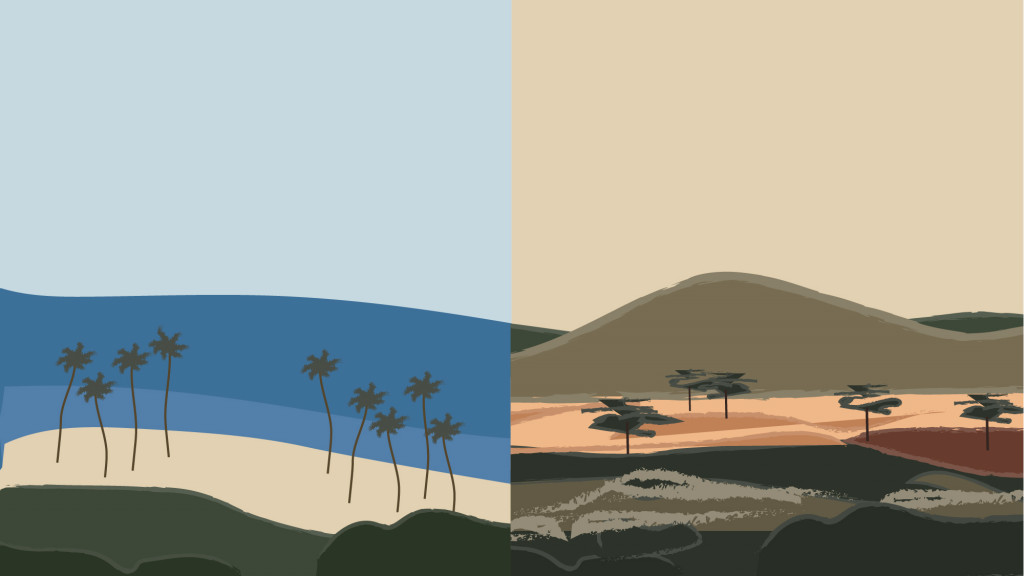 A desert landscape with a helicopter flying over it.