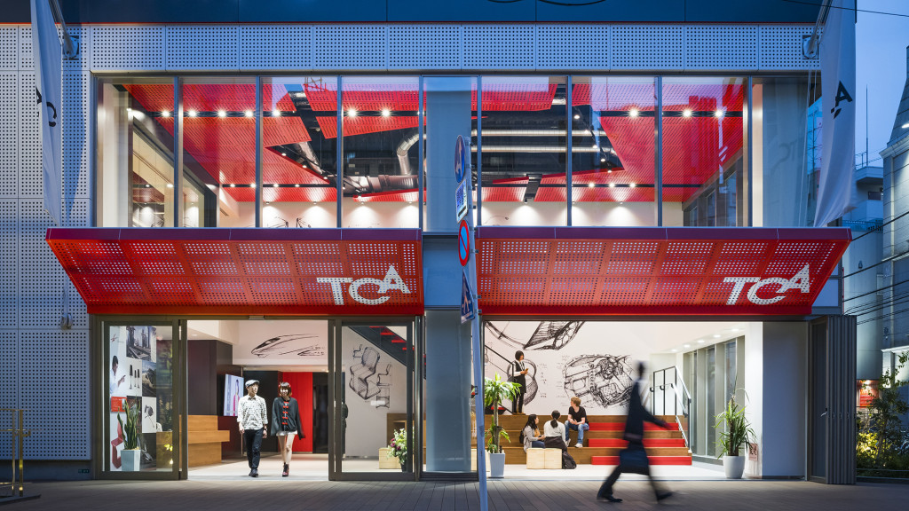 A building with red windows.