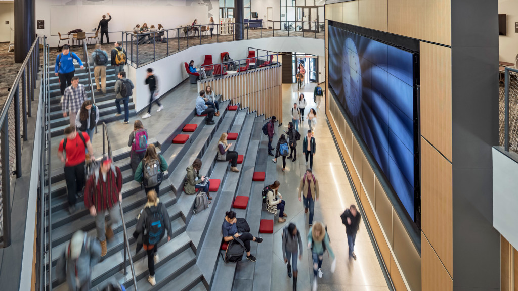 A group of people in a building.