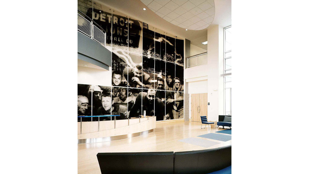 A room with a large glass wall.