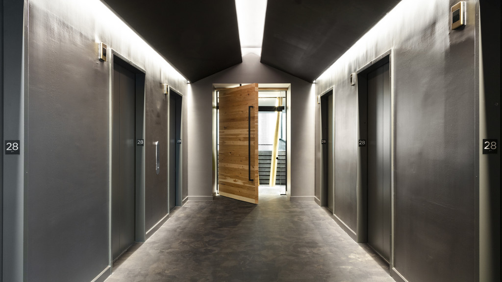 A hallway with doors.