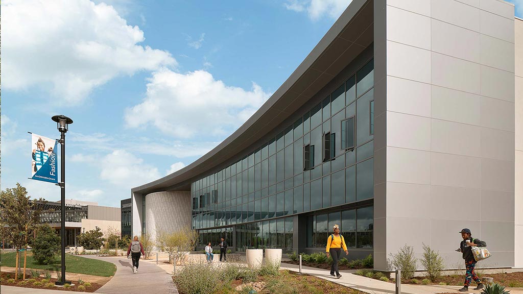 A building with people walking around.