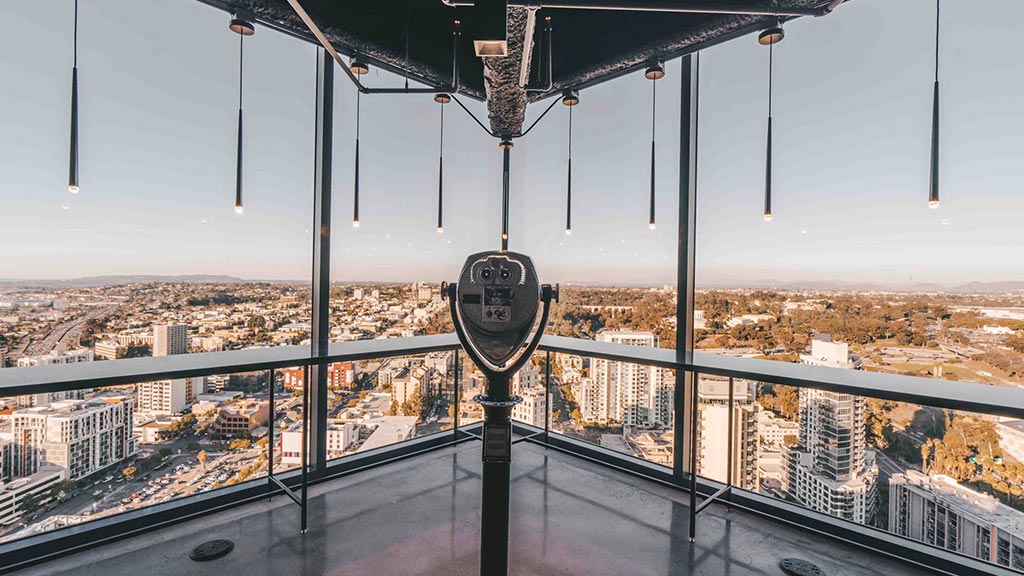 A view of a city from a window.