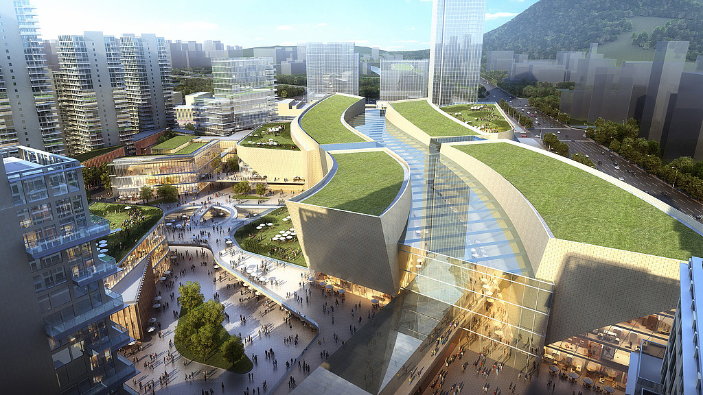 A rendering of mixed-used future development in Yueqing with public spaces and green roofs.