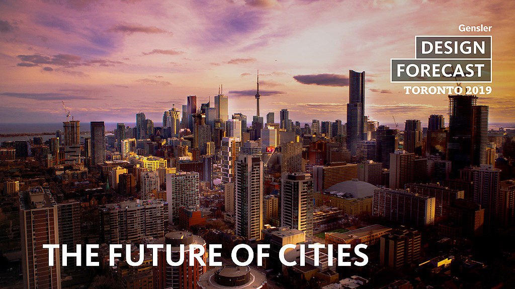 A city skyline with a sunset.