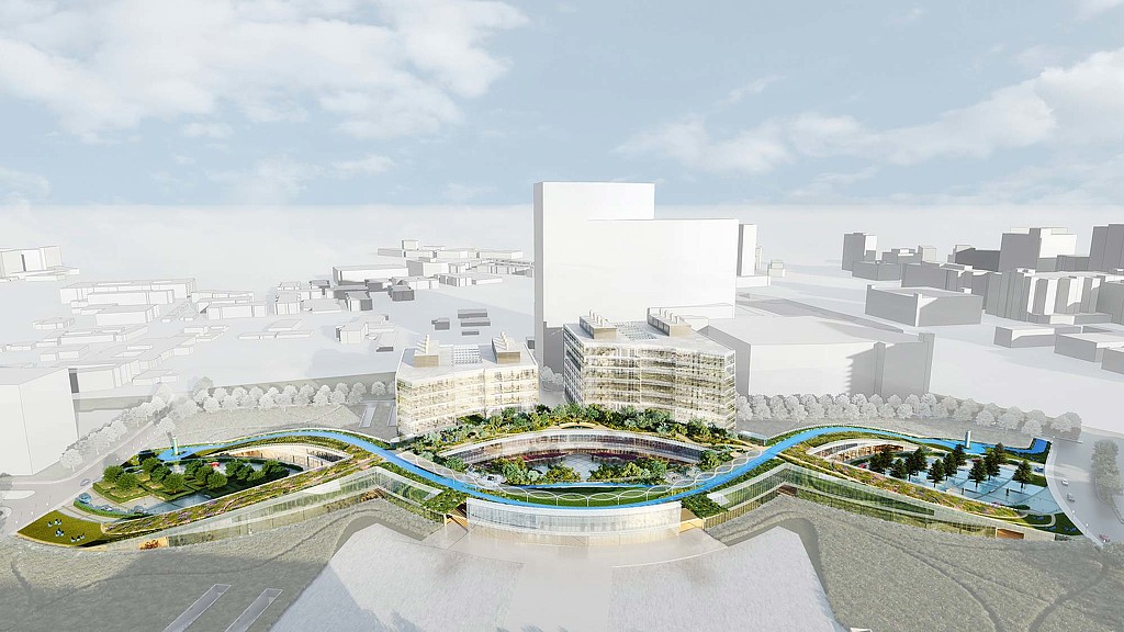 A city with a pool and a large park in the middle.