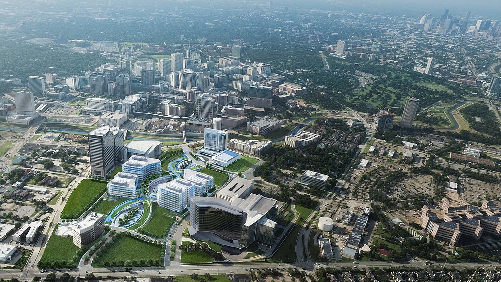 An aerial view of a city.