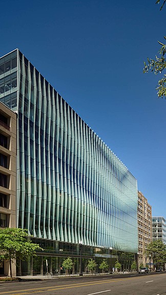 A large glass building.