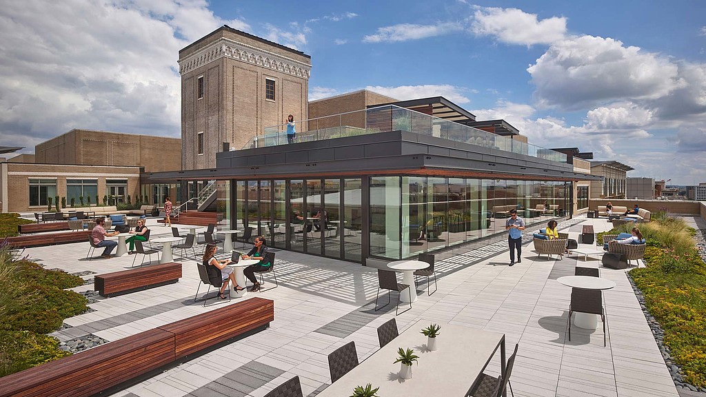 A building with a glass front.