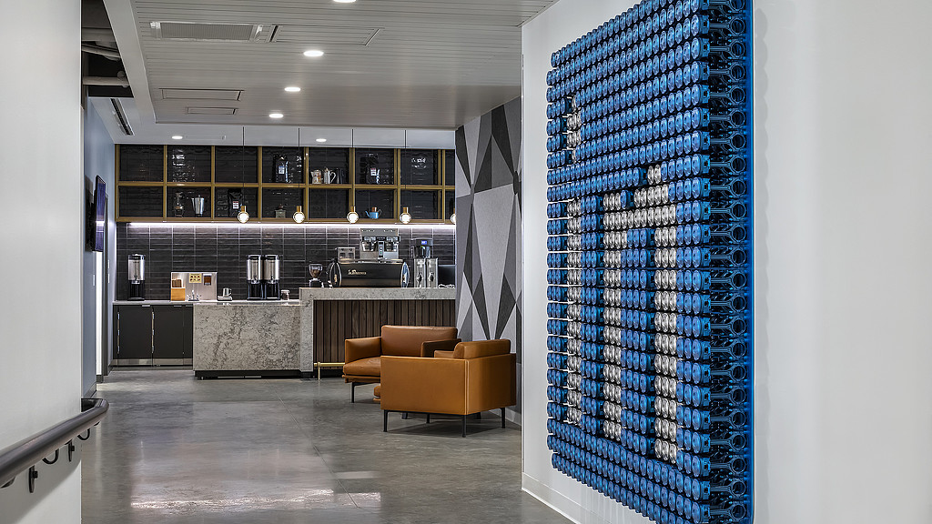 A room with a large glass wall.