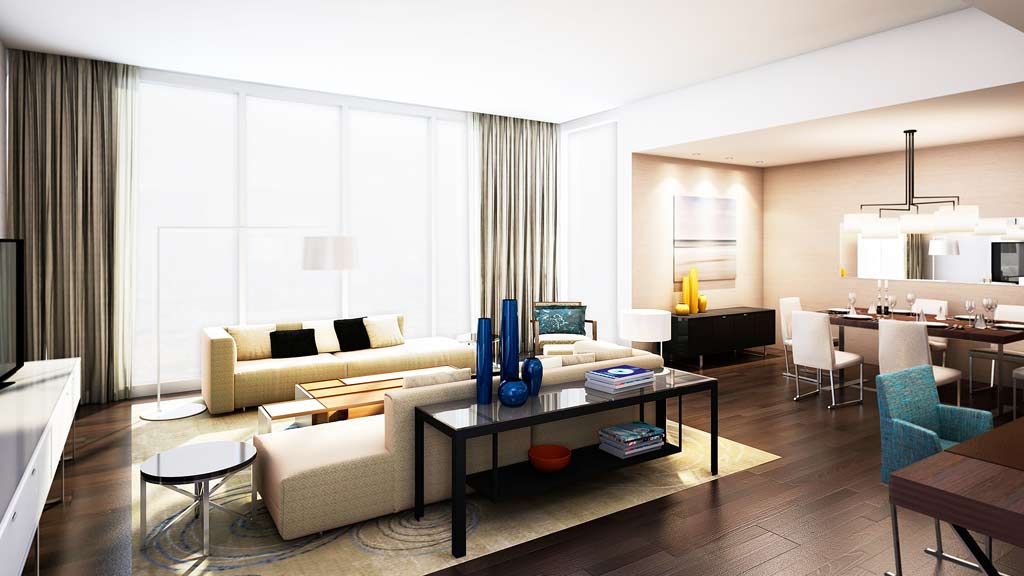 A living room with a large window.
