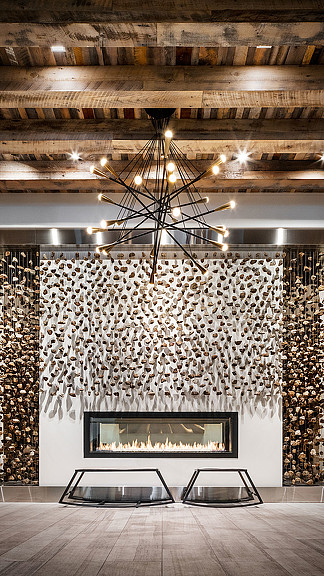 A chandelier from a ceiling.