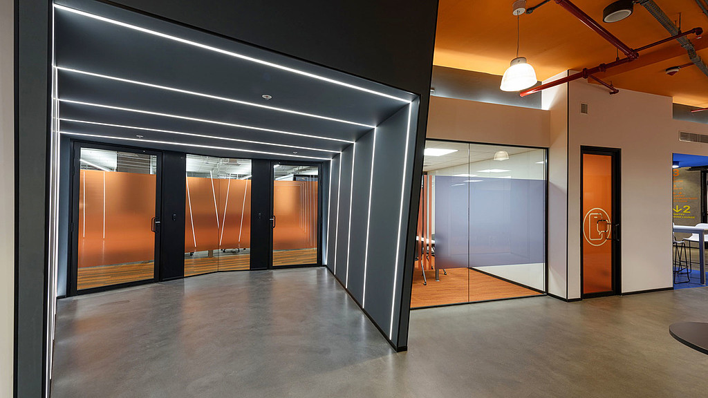 A room with glass doors.