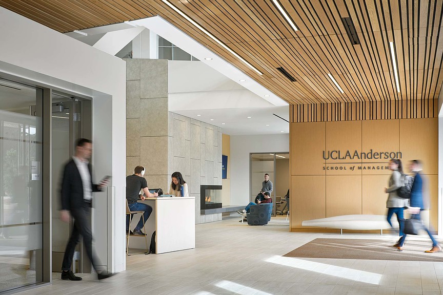 A group of people in a building.