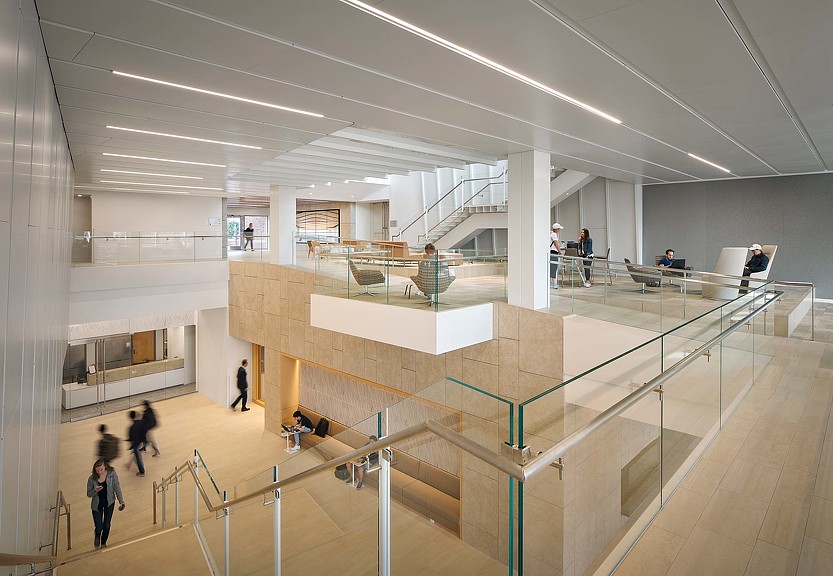 A high angle view of people inside a building.