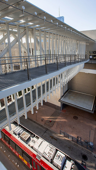 A train station with a train.